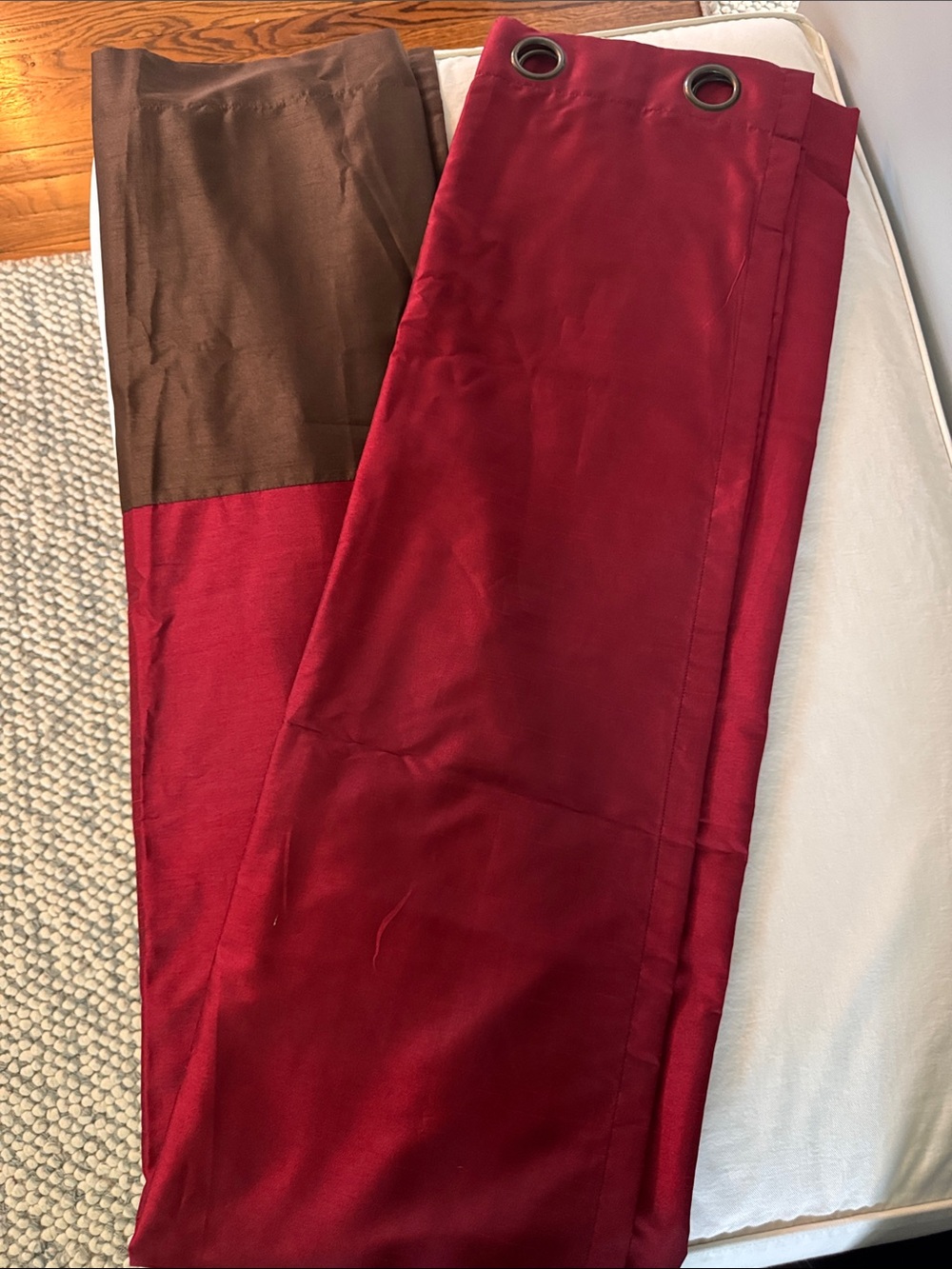 Grommet drapes in Brown and Deep Red Classic Two-Tone color block